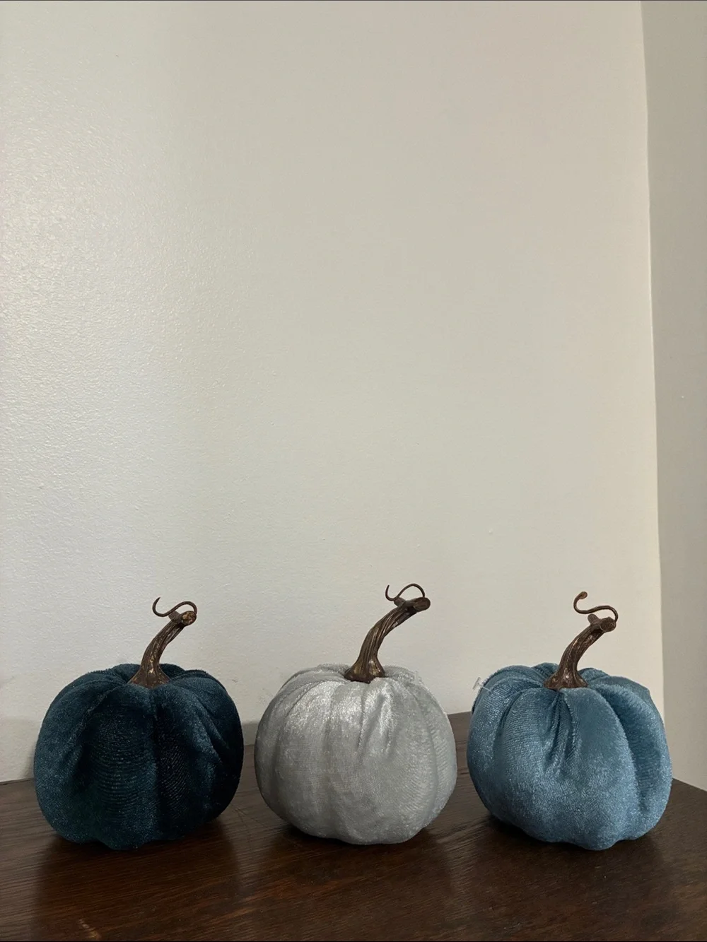 NWT Set of 3- Velvet Pumpkins- Dark Blue, Silver, Teal Fall Holiday Decorations